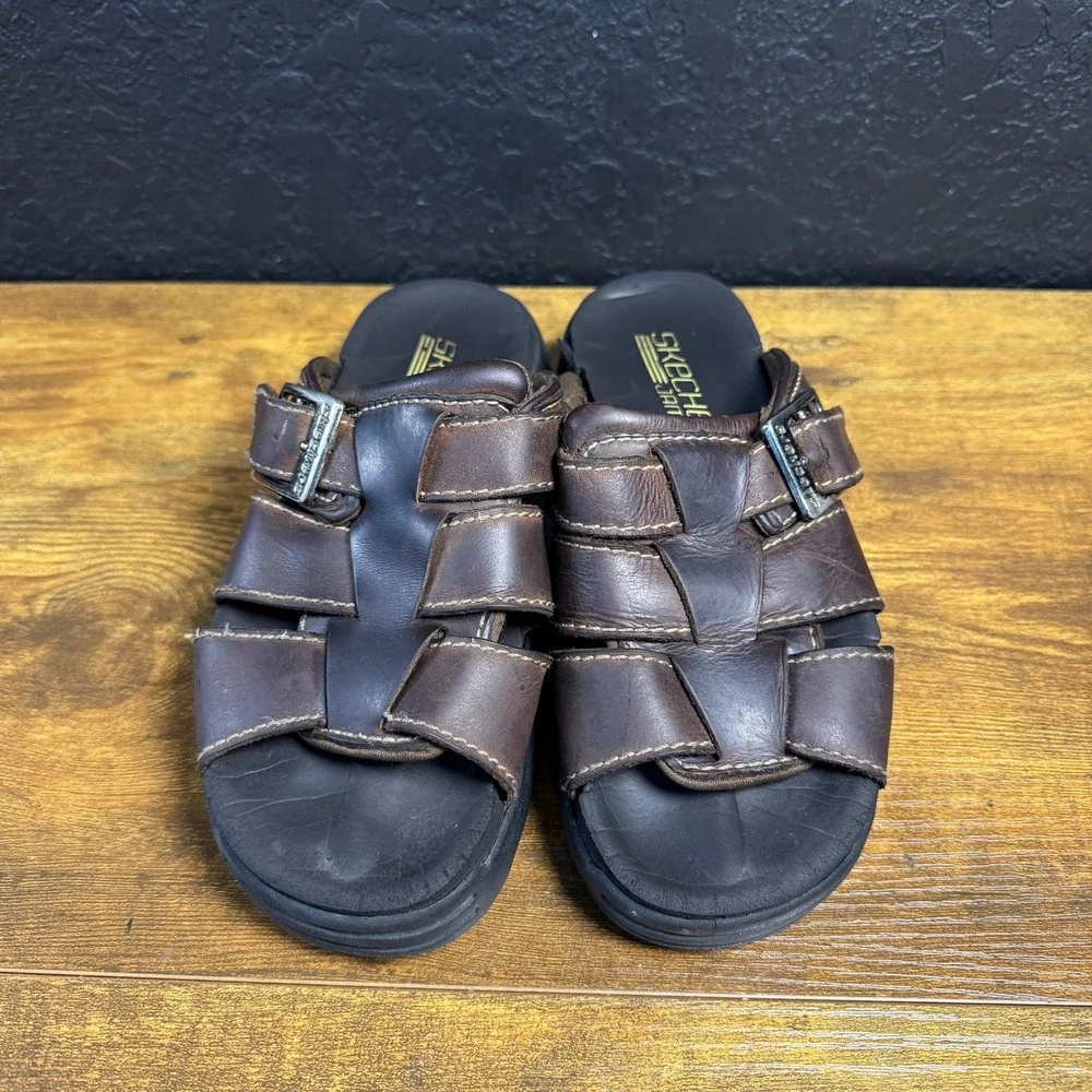 Skechers Jam Ups Brown Leather Fisherman Slide Sandals Womens 5 - Picture 2 of 6